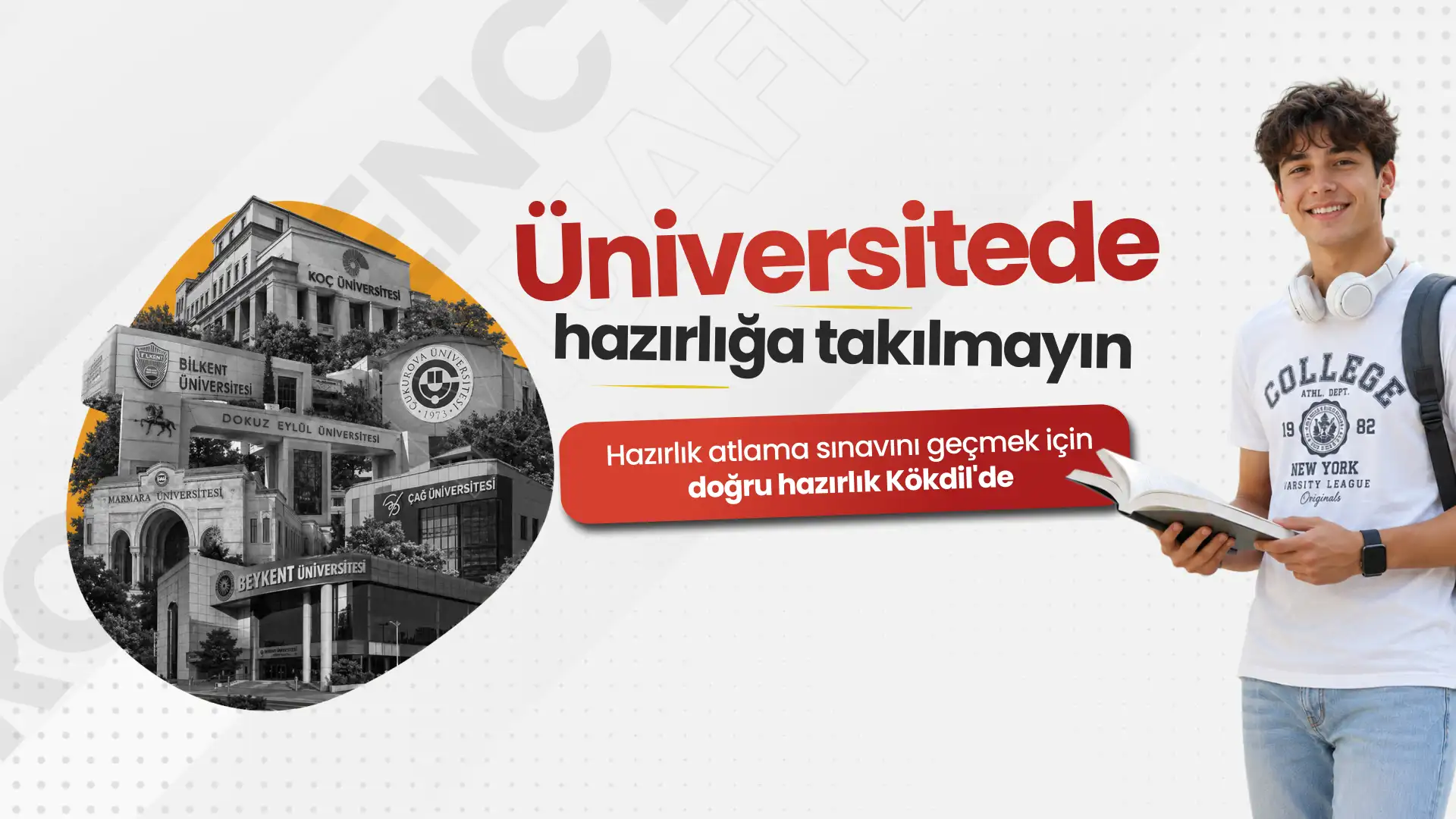 Hazırlık atlama sınavının avantajlarını anlatan bir görsel. sağ tarafta bir öğrenci elinde kitap tutuyor.